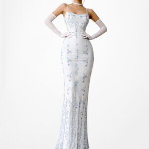 Vintage Y2K Silk Baby Blue Cream Bodycon Floral Beaded Maxi Prom Dress Size S